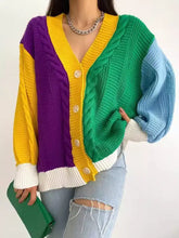 Colorblock-Strickjacke mit Zopfmuster, leicht elastisch, maschinenwaschbar bei Kaltwäsche