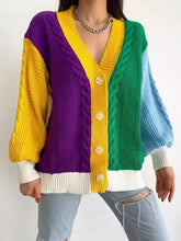 Colorblock-Strickjacke mit Zopfmuster, lebendige Regenbogen-Panels, leicht dehnbar