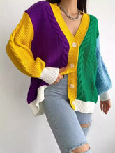 Colorblock-Strickjacke mit Zopfmuster, lebhaft mehrfarbig, leicht elastisch, maschinenwaschbar bei Kaltwäsche