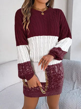 Maroon and white color block cable knit sweater dress with velvet textured cuffs and hem