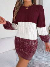 Color block cable knit sweater dress in maroon and white with velvet textured lower half