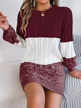 Maroon and white color block cable knit sweater dress with lace cuffs