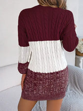 Maroon and white color block cable knit sweater dress with 3/4 sleeves
