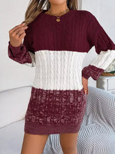 Maroon and white color block cable knit sweater dress with textured panels