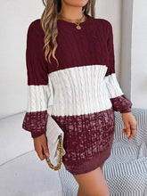 Maroon and white color block cable knit sweater dress with flared sleeves