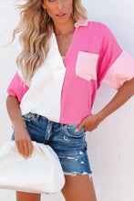 Pink and white color block casual button up shirt with textured fabric and short sleeves for everyday wear