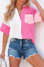 Pink and white color block casual button up shirt with short sleeves and a pocket on the right side
