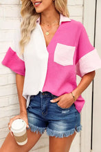 Color block casual button up shirt in pink and white textured fabric with short sleeves and chest pocket