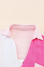 A soft pink cotton color block casual button up shirt with subtle textured weave and neatly stitched collar