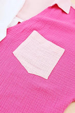 A vibrant pink color block casual button shirt with a light beige patch pocket for everyday wear