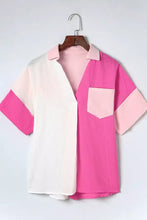 Color block casual button up shirt with a vibrant two-tone split design in white and bold fuchsia pink