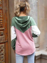 Color block casual long sleeve hoodie in olive green white and soft pink with slightly stretchy fabric and machine wash care