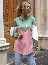 Color block casual long sleeve hoodie in mint green white and pink with drawstring hood and slightly stretchy fabric for machine wash
