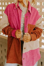 Color Block Curved Hem Corduroy Shacket with Pocket Hot Pink Woman Outerwear