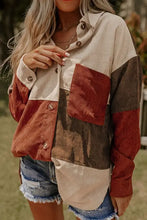 Color Block Curved Hem Corduroy Shacket with Pocket Woman Outerwear