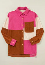 Color Block Curved Hem Corduroy Shacket with Pocket Woman Outerwear