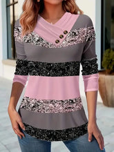 Color block decorative button tunic in pink, grey, black stripes