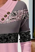 Pink V-neck color block decorative button T-shirt with speckled bands