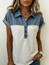 Color block denim patchwork short sleeve button polo collar top in denim and heather gray with rolled cuffs