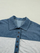 Blue and gray color block denim patchwork short sleeve polo shirt with denim texture and dark brown buttons