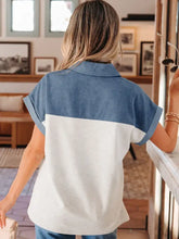Blue and white color block denim patchwork short sleeve shirt with button polo collar in denim material