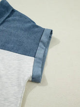 Denim patchwork color block denim short sleeve top with button polo collar and rolled cuffs in denim and heather gray