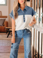 Blue and white color block denim patchwork short sleeve button polo collar top with rolled cuffs
