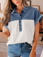 Blue and white color block denim patchwork short sleeve button polo collar shirt in denim-like fabric