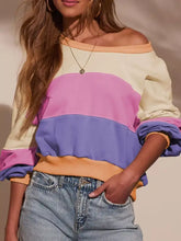 Color block drop shoulder sweatshirt in pastel pink lavender and cream with a slightly stretchy off-the-shoulder design
