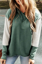 Green and white color block dropped shoulder hoodie with V-neck texture