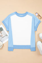 Color Block Exposed Seam Crew Neck Cotton T Shirt for Women