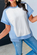 Color Block Exposed Seam Crew Neck Cotton T Shirt for Women
