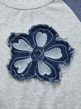 Color block flower embroidered patch graphic raglan long sleeve top in heather gray with features embroidered denim flower patch