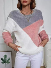 Color block fuzzy knit sweatshirt in soft gray white and blush pink with geometric pattern and care instructions for tumble dry