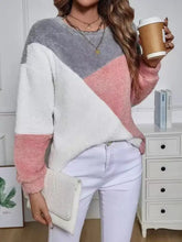 Color block fuzzy knit sweatshirt in soft gray white and blush pink geometric pattern with care instructions to tumble dry
