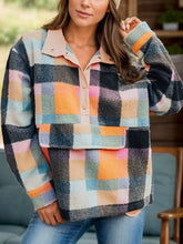 Color block half snap long sleeve sweatshirt with plaid fleece