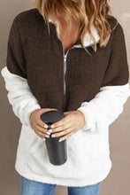 Women’s color block half zip long sleeve fuzzy sweatshirt in brown and white