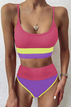 Color block high waist two-piece swimsuit with removable padding in pink, purple, and yellow stripes