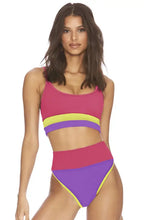 Color block high waist two piece swimsuit in magenta, purple, yellow with removable padding