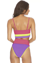 Color block high waist two piece swimsuit with removable padding in black, pink, red