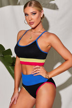 Color Block High Waist Bikini Set in Black Pink and Red