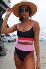 Color Block High Waist Bikini Set in Black Pink and Red Carnation Pink