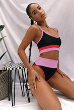 Color Block High Waist Bikini Set in Black Pink and Red