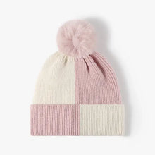 Color block knit beanie with fluffy faux rabbit fur pom-pom