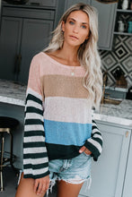 Color Block Knit Sweater with Boat Neck and Long Sleeves Black Forest One Size