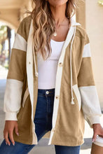 Beige and cream color block knit trim hoodie in corduroy with ribbed cuffs and adjustable drawstring hood and sleeve length