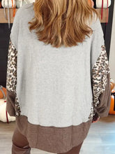 Cozy oversized gray and brown leopard print sleeve sweatshirt with color block and slightly stretchy fabric care instructions machine wash cold