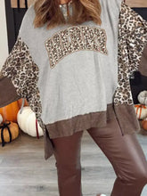 Color block leopard contrast letter graphic Christmas sweatshirt with gray and brown patchwork, slightly stretchy, machine wash cold