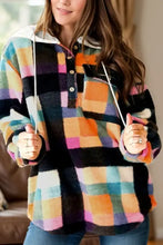 Color block long sleeve hoodie with drawstring plaid fleece placket