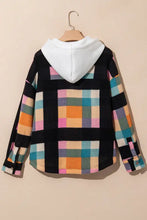 Color block long sleeve hoodie plaid flannel shacket for women